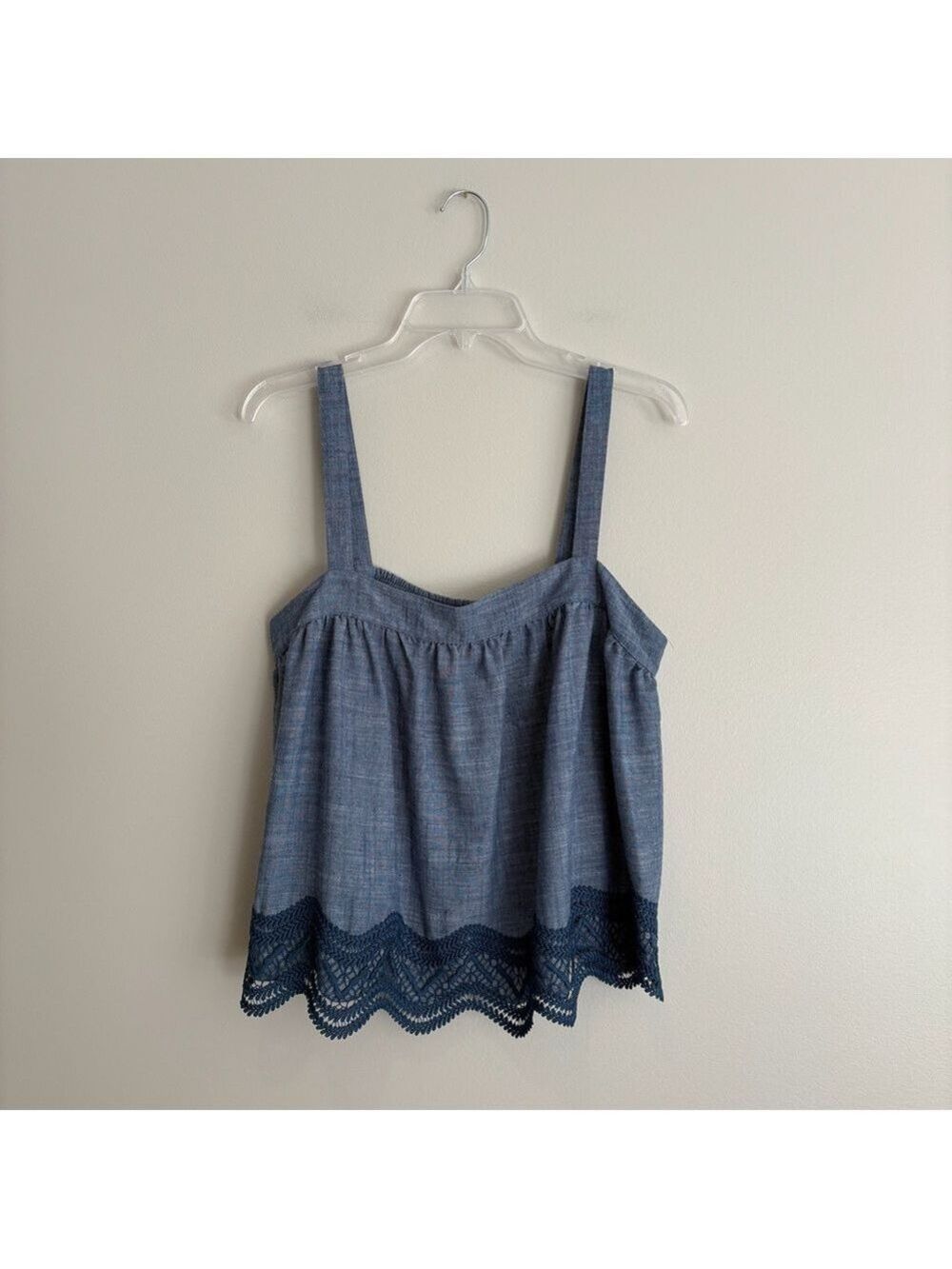 Parker Denim Blue Blouse with Lace Trim Size L